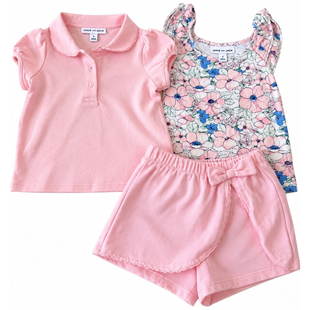Janie and Jack Girls 3pc Set Pink Polo Floral Top Skort Shorts Size 5